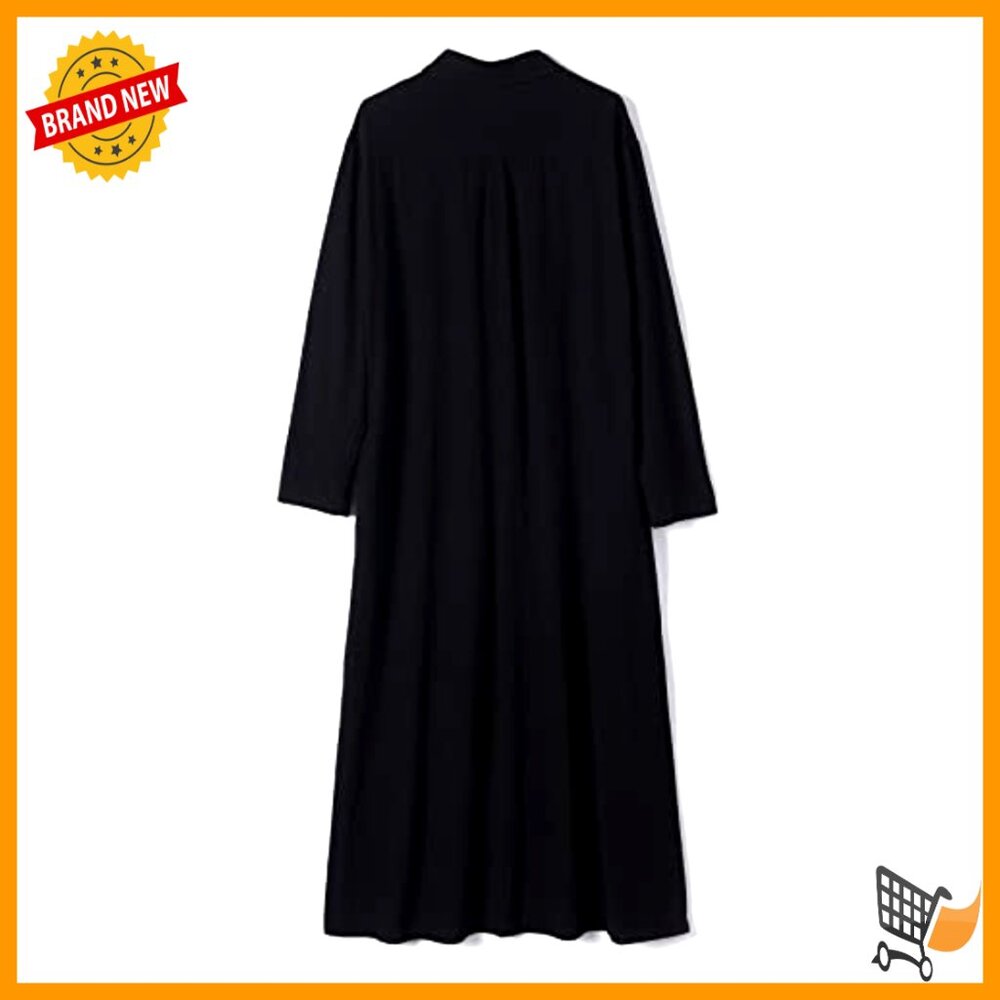 Cotton Linen Maxi Shirtdress Long Sleeve Button Down Casual Beach Dress Pockets - Picture 5 of 7